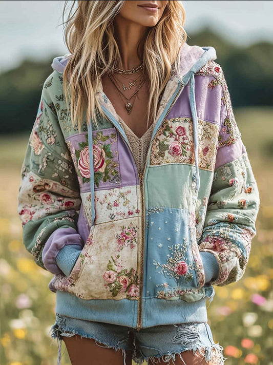 Plus Size, Women's Plus Size Vintage Bohemian Floral & plant print Hooded Jacket/Sweatshirt - Elegant Loose Fit Oversized Coat with Full-Length Zipper, H-Line Silhouette for Fall Winter Spring, Machine Washable for easy care