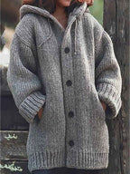 Plus Size, Plus Size Elegant Hooded Cardigan Jacket - 100% Winter Sweater Coat with Front Button Closure, Hooded Long Sweater Jacket Suitable for Fall/Winter, Brown/Navy/Red - Casual & Formal Wear, Machine Washable Cozy Outer