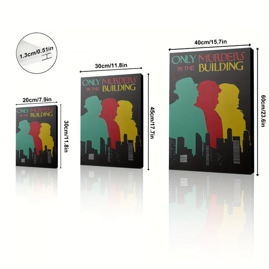 1pc Framed Canvas Painting - Only Murders in the Building Inspired Mystery Drama Decor - Dark Background with Green, Red, Yellow - Ready-to-Hang for Living Room, Office, Cafe - True Crime Fan Gift Idea - Framed Flat Canvas Wa SS69