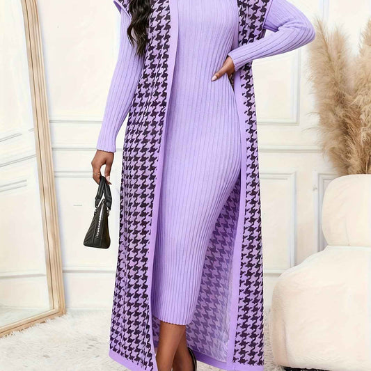 Women's Elegant Houndstooth Print Cardigan Vest - Oversized Collar Long Sleeveless Jacket, Black/White/Yellow/Beige, Fall Winter Warm Coat, Machine Washable Blazer for Casual & Formal Wear
