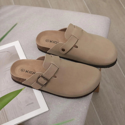 Comwarm Fashion Women's Suede Mules Slippers Men Clogs Cork Insole Sandals With Arch Support Outdoor Beach Slides Home Shoes - SS69