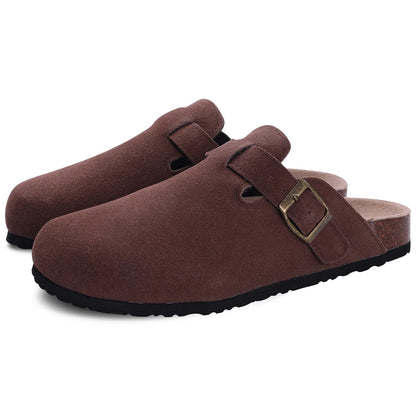 Comwarm Fashion Women's Suede Mules Slippers Men Clogs Cork Insole Sandals With Arch Support Outdoor Beach Slides Home Shoes - SS69