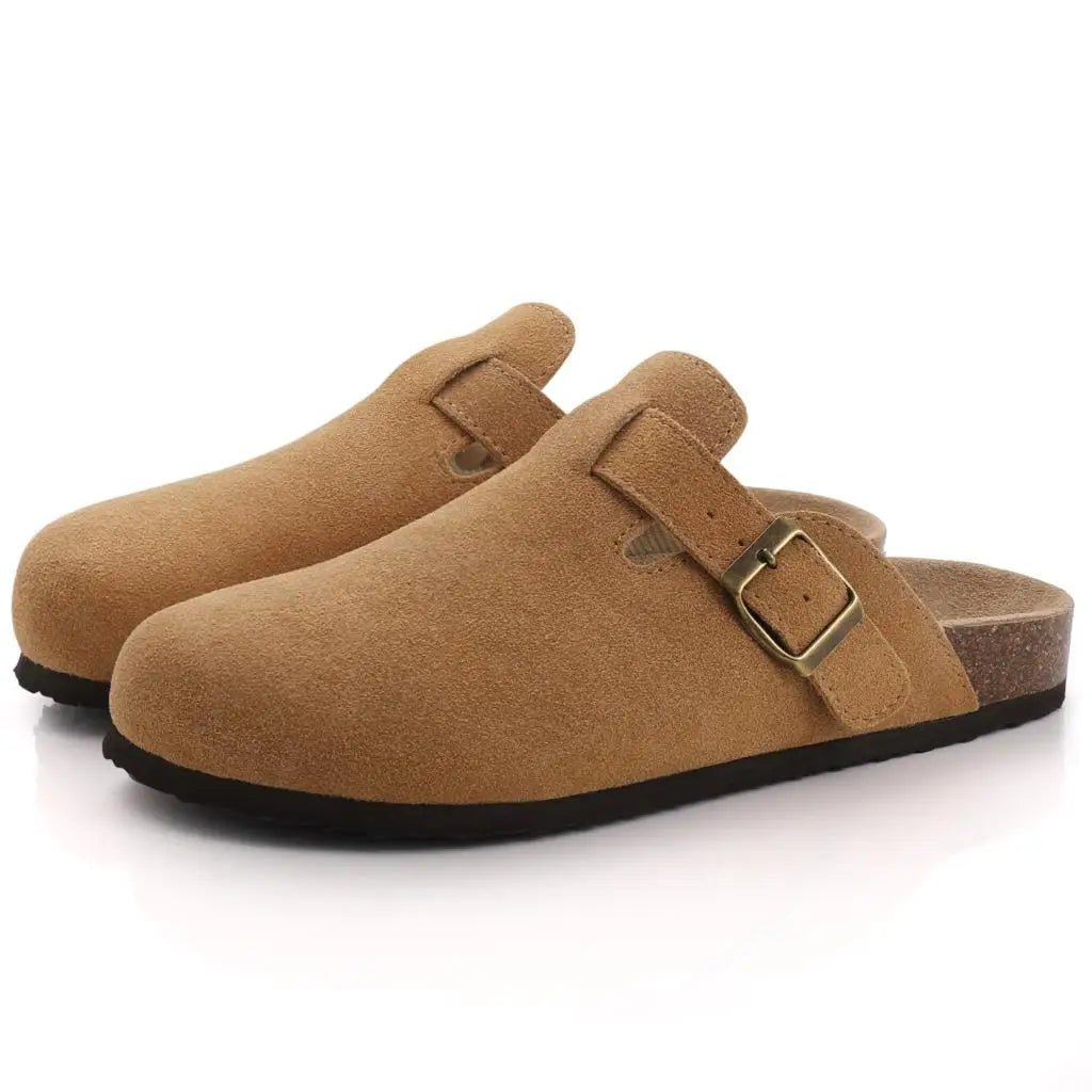 Comwarm Fashion Women's Suede Mules Slippers Men Clogs Cork Insole Sandals With Arch Support Outdoor Beach Slides Home Shoes - SS69