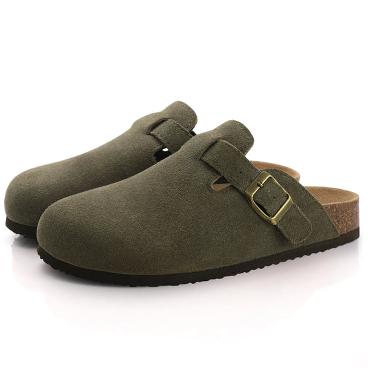 Comwarm Fashion Women's Suede Mules Slippers Men Clogs Cork Insole Sandals With Arch Support Outdoor Beach Slides Home Shoes - SS69