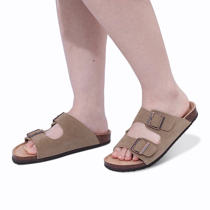 Comwarm Fashion Women's Suede Mules Slippers Men Clogs Cork Insole Sandals With Arch Support Outdoor Beach Slides Home Shoes - SS69