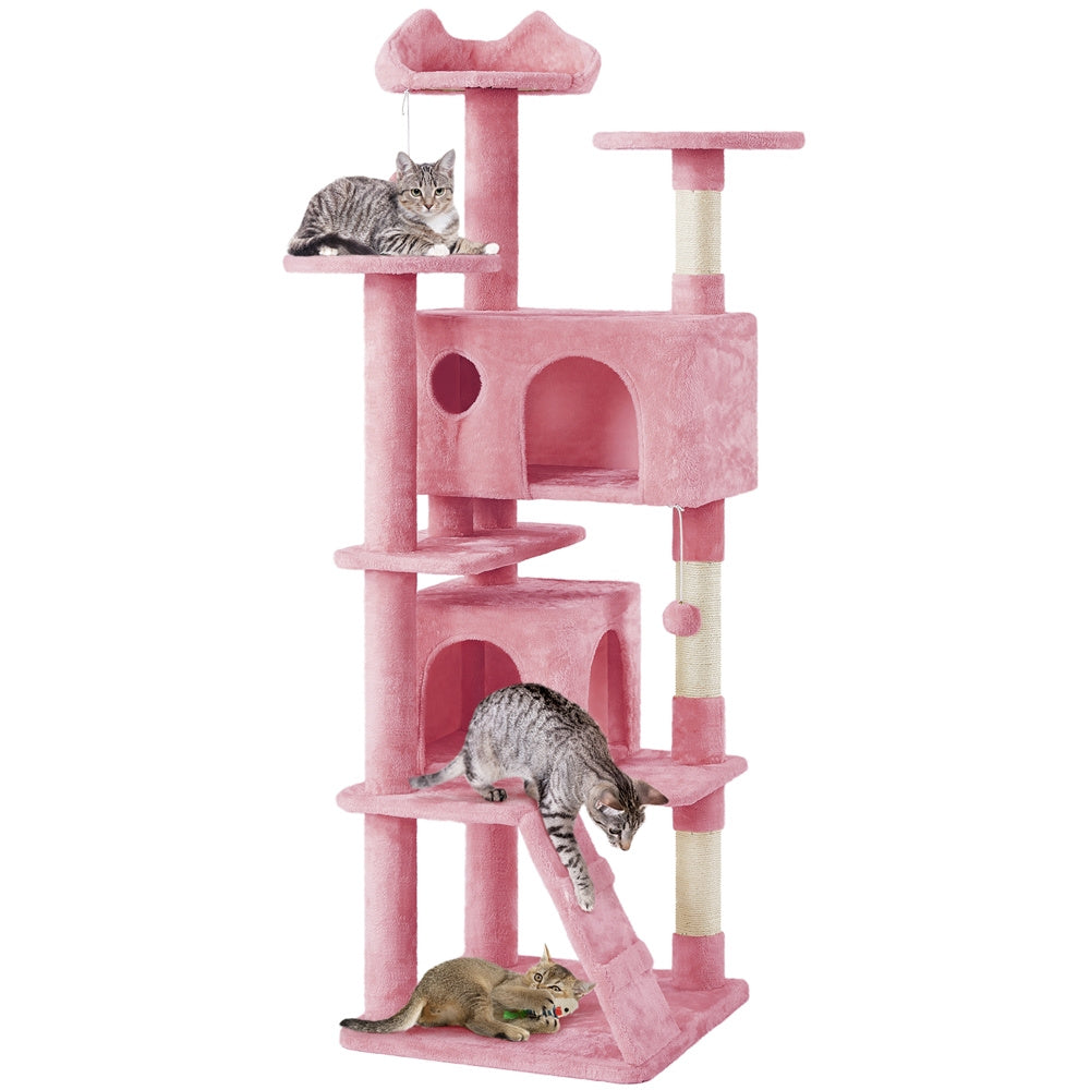 Costoffs Cat Tree 54in/70in/62in/80in/23.5in Cat Tower Condo with 2 Condos & 2 Dangling Balls & 3 Scratching Posts Large Cat House for for Kittens & Cats, Dark Gray/Light Gray/Beige/Black/Pink/Brown/Navy Blue/Green, Brown/W SS69