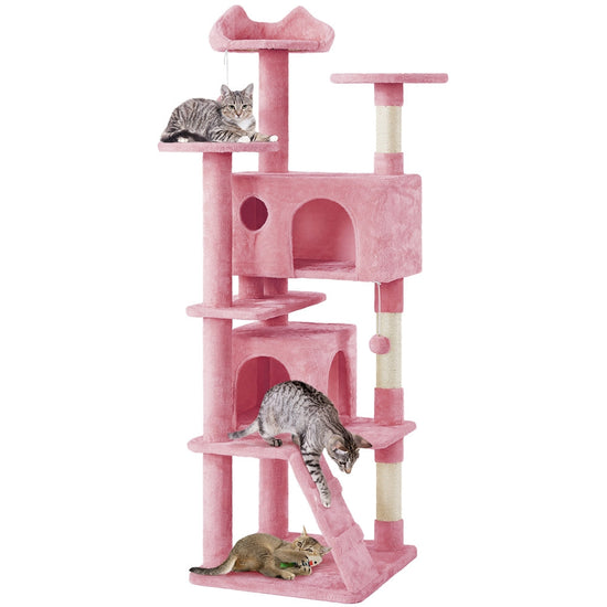 Costoffs Cat Tree 54in/70in/62in/80in/23.5in Cat Tower Condo with 2 Condos & 2 Dangling Balls & 3 Scratching Posts Large Cat House for for Kittens & Cats, Dark Gray/Light Gray/Beige/Black/Pink/Brown/Navy Blue/Green, Brown/W SS69