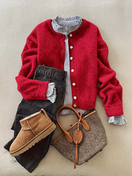 Women'S Soft Alpaca Sweater - Elegant Long Sleeve Button-Front Cardigan with Relaxed Fit & Open Collar, Warm Winter Coat Sweater for Casual & Formal Outfits, Cozy Fall Winter Sweater for Women (Red, Brown, Black, Grey, Beige) SS69