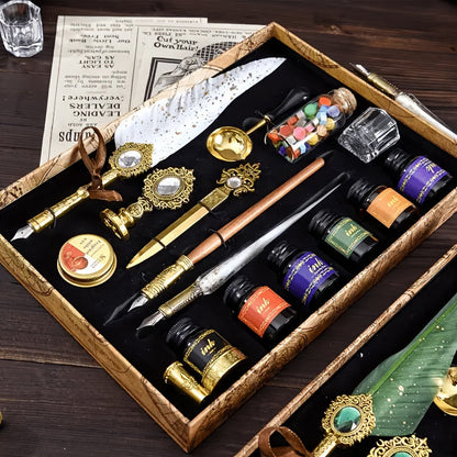 Antique Vintage Quill Pen and Ink Set - Gem Feather Pen Set with Glass Dip Pen, Wooden Dip Pen, Fire Lacquer Wax Beads, Spoon, Seal Stamp, Candle, Pen Base, Cup - Unique Gift for Writers, Artists & History Enthusiasts - Perfe SS69