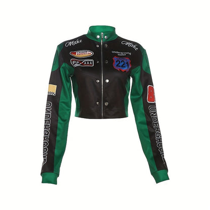 Women's Trendy Streetwear Letter Print Cropped Bomber Jacket - Red & White Casual Zip-Up with Graphic Design, Lightweight Polyester Blend for All Seasons, Fashion Forward Clothing | Trendy Casual Jacket | Polyester Blend Jack SS69