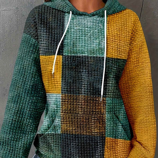 [Comfortable Casual Outfits] Plus Size Hoodie - Women's Color Block Pullover, Green/Yellow/Brown, Drawstring Hood & Front Pocket, Loose Fit Long Sleeve Sweatshirt for Fall/Winter