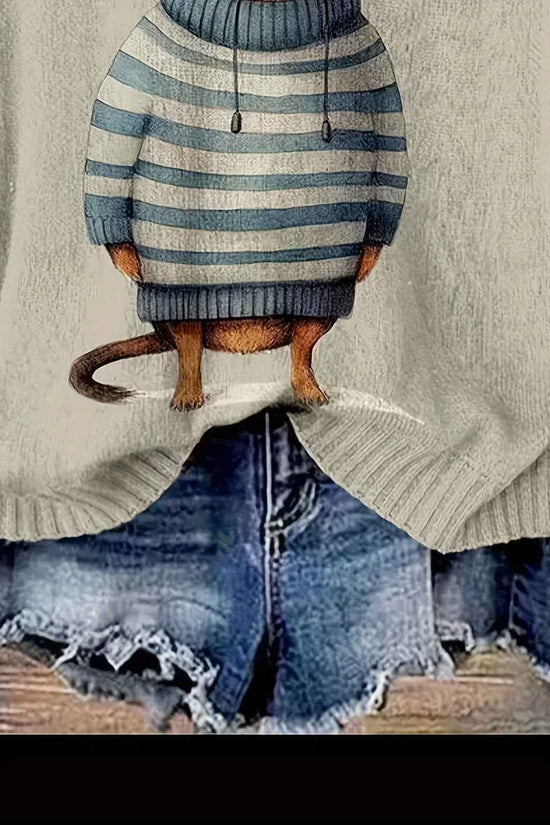 [Cute Sweater] Cute Dachshund Dog Plus Size Women's Casual Round Neck Long Sleeve Sweater | 3D Digital Print, Navy Blue, Cozy Fall Winter Top, Dog Sweater, Winter Comfort Clothing, Texture