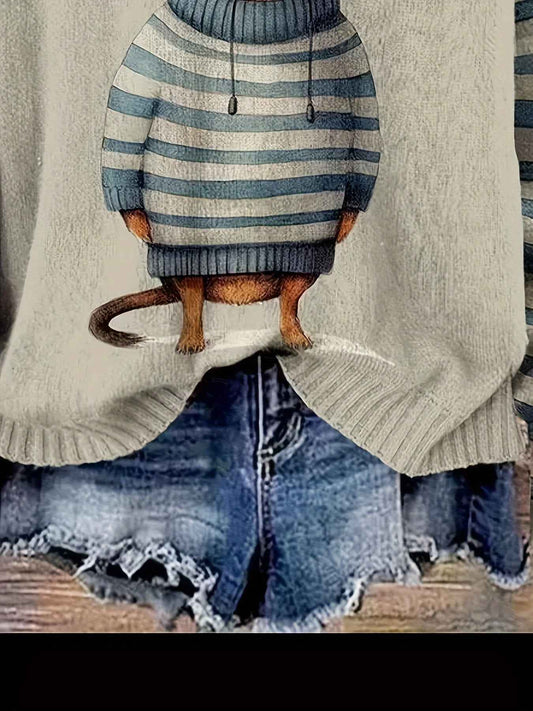 [Cute Sweater] Cute Dachshund Dog Plus Size Women's Casual Round Neck Long Sleeve Sweater | 3D Digital Print, Navy Blue, Cozy Fall Winter Top, Dog Sweater, Winter Comfort Clothing, Texture