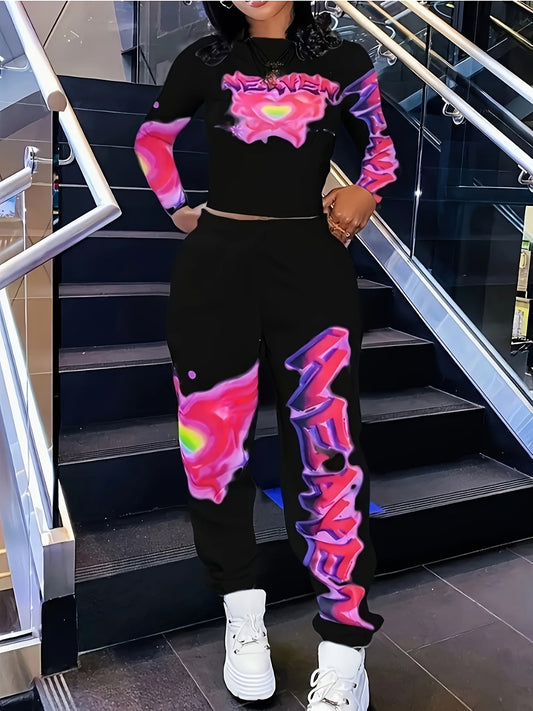[Vibrant Y2K-Inspired Activewear Set] Vibrant Y2K-Inspired Heart & Letter Print Activewear Set - Long Sleeve Crop Top & Drawstring Joggers, Polyester/Spandex Blend, Perfect for Daily Fitness & Outdoor Fashion SS69