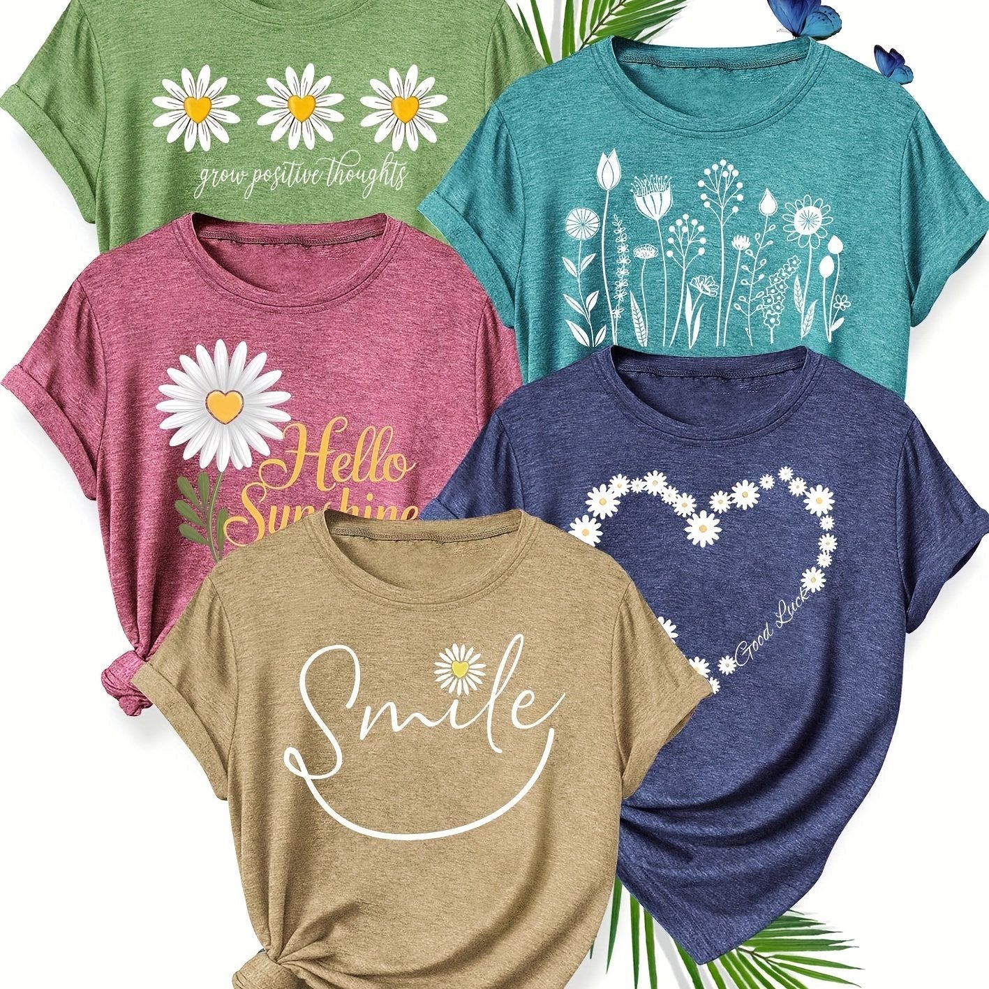 5pcs Women'S Casual Crew Neck Short Sleeve T-Shirts - Floral, Heart, and Smile Print Designs in Purple, Green, Pink, and Blue - Soft Stretch Fabric for Spring, Summer, and Fall, Plus Sizes Available, Plus Size Tee | Floral Pr SS69 48.69 Grass Green Brick Red Khaki Peacock Blue Royal Blu