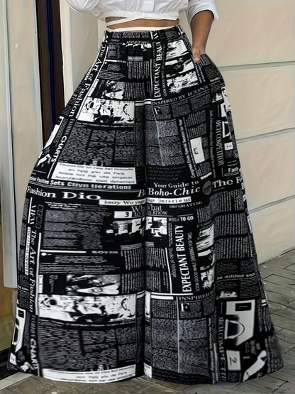 Newspaper Print Wide Leg Pockets Pants, Casual & Versatile High Waist Pants For Spring & Summer, Women's Clothing SS69