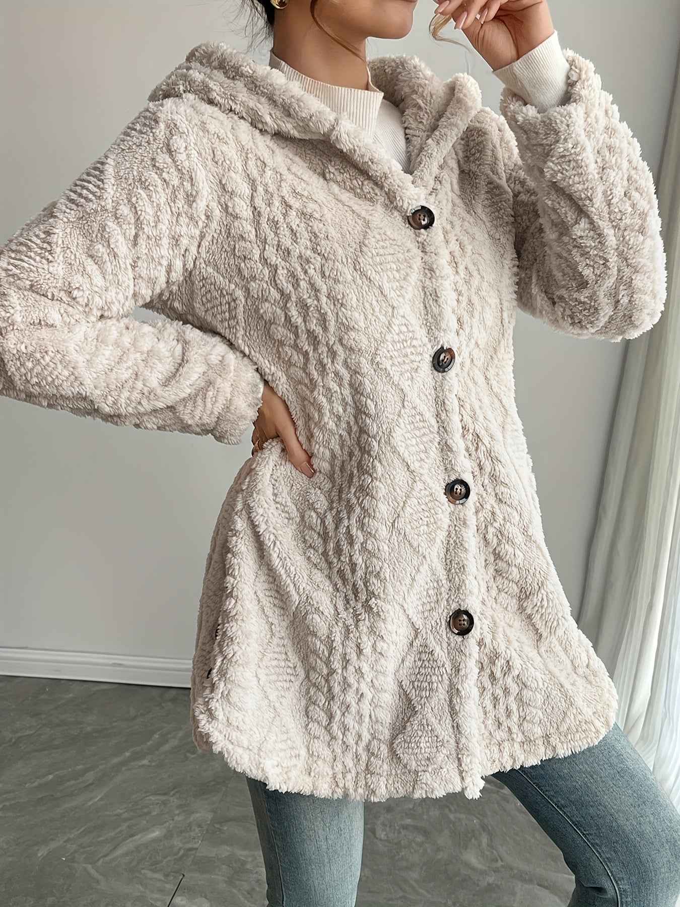[Elegant Faux Fur Cardigan] Warm & Stylish Elegant Beige Faux Fur Hooded Cardigan for Women | Long Sleeve, Button-Up Mid-Length Winter Coat with Pockets, Cozy Fall/Winter Outerwear, Structured Design