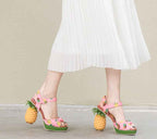 Women's Pineapple Print Platform Sandals - Thick Sole Super High Heels with Ankle Strap Closure, Open-Toe Summer Party Shoes in Pink & Green, Durable Fabric Upper & Rubber Sole for Dressy Occasions, Beachwear, Themed Events -
