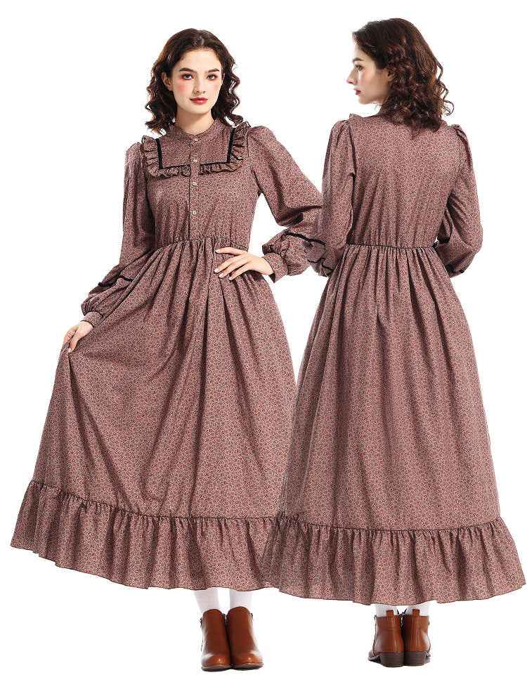 Women's Victorian-Inspired Victorian Maid Dress - Brown & A-Line Full-Length Skirt Set with Ruffled Collar & Waist Belt, Loose-Fit Long Sleeve Costume for Renaissance Fairs, Historical Role-Play & Themed Parties (No Lining)