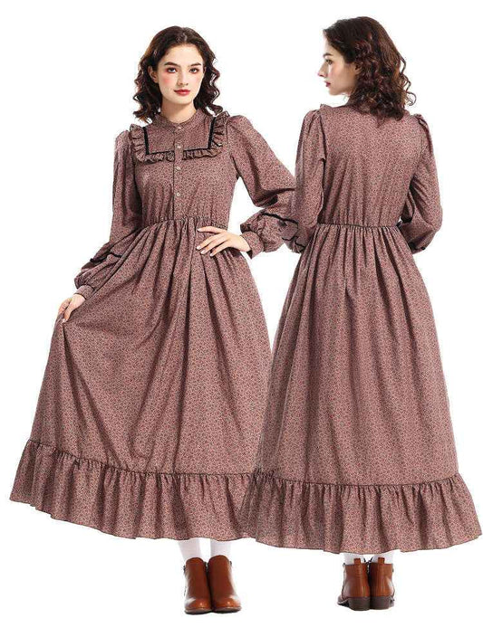 Women's Victorian-Inspired Victorian Maid Dress - Brown & A-Line Full-Length Skirt Set with Ruffled Collar & Waist Belt, Loose-Fit Long Sleeve Costume for Renaissance Fairs, Historical Role-Play & Themed Parties (No Lining)