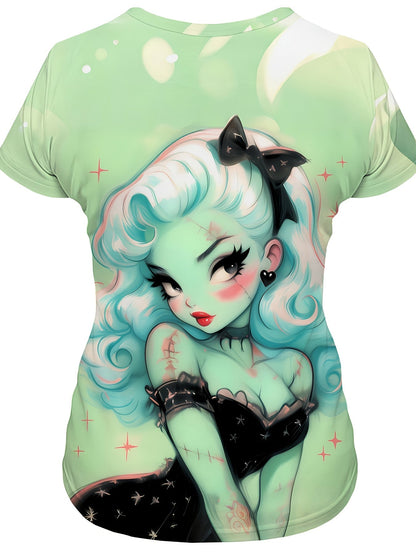 Women'S Mint Green Retro Gothic Graphic T-Shirt - Edgy Monster Print Tee, Lightweight Polyester Top for Cosplay, Parties & Everyday Streetwear - Non- Costume Shirt, Ladies T Shirts, Casual Wear, Vintage Style, Comfortable Fit SS69