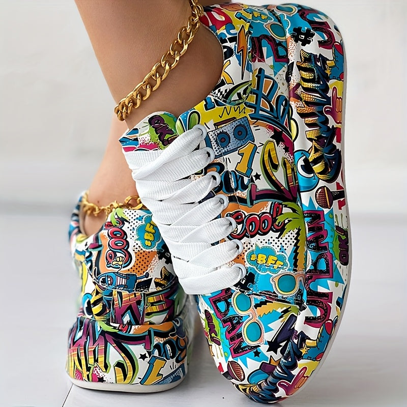 Casual Chic) Women's Vibrant Graffiti Print Lace-Up Sneakers - Low Top, Round Toe, All-Season Casual Shoes with Rubber Sole and Faux Cover Interior, Ladies Shoes SS69
