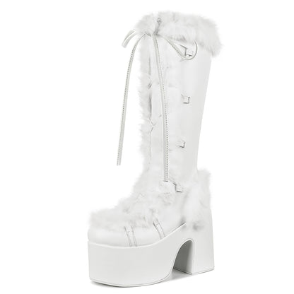 Womens Winter Punk Goth Boots - Faux Fur Lined, Side Zipper, Lace Up, Chunky Heel, Platform, Warm, Knee High, Mid Calf, Block Heel, Snow Walking Boots For Women - SS69