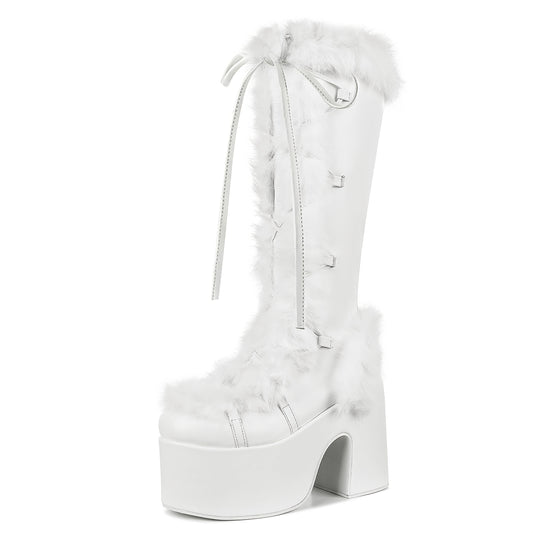 Womens Winter Punk Goth Boots - Faux Fur Lined, Side Zipper, Lace Up, Chunky Heel, Platform, Warm, Knee High, Mid Calf, Block Heel, Snow Walking Boots For Women - SS69