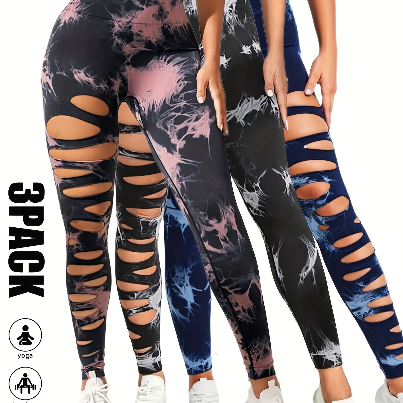3 Pack High Waist Tie Dye Cutout Yoga Leggings - Scrunch Butt Lifting, Tummy Control, Elastic Workout Pants for Women SS69 42.69 3 Pack-BPN-BWH-BLU / S