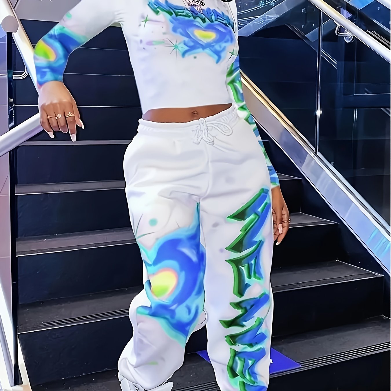 [Vibrant Y2K-Inspired Activewear Set] Vibrant Y2K-Inspired Heart & Letter Print Activewear Set - Long Sleeve Crop Top & Drawstring Joggers, Polyester/Spandex Blend, Perfect for Daily Fitness & Outdoor Fashion - SS69