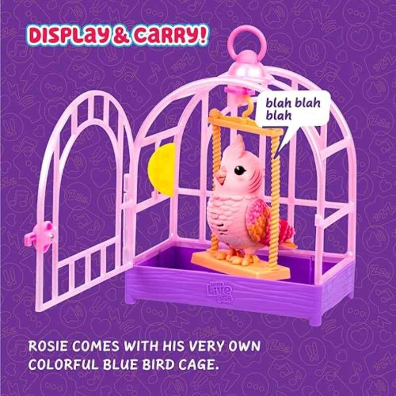 USONE Little Live Pets Rosie the Really Real Talking Bird Toy - Interactive Voice-Recording & Singing Robot-like Bird with 20+ Sounds, Touch-Activated Reactions, Pink/Purple Cage & Swing for Ages 5-7+ ( Included)