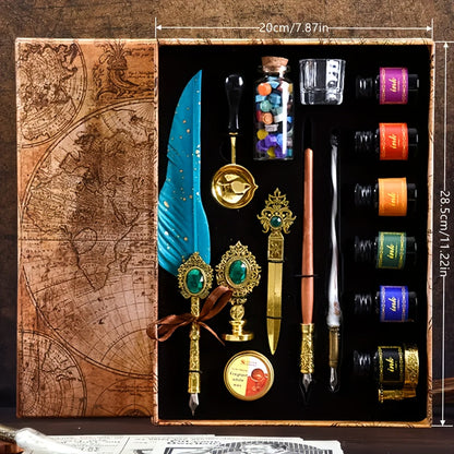 Antique Vintage Quill Pen and Ink Set - Gem Feather Pen Set with Glass Dip Pen, Wooden Dip Pen, Fire Lacquer Wax Beads, Spoon, Seal Stamp, Candle, Pen Base, Cup - Unique Gift for Writers, Artists & History Enthusiasts - Perfe SS69