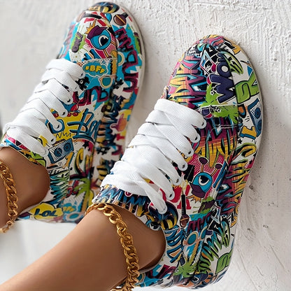 Casual Chic) Women's Vibrant Graffiti Print Lace-Up Sneakers - Low Top, Round Toe, All-Season Casual Shoes with Rubber Sole and Faux Cover Interior, Ladies Shoes - SS69