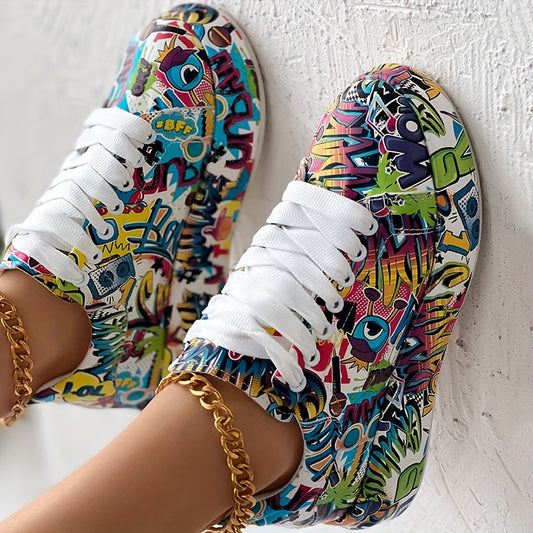 Casual Chic) Women's Vibrant Graffiti Print Lace-Up Sneakers - Low Top, Round Toe, All-Season Casual Shoes with Rubber Sole and Faux Cover Interior, Ladies Shoes - SS69