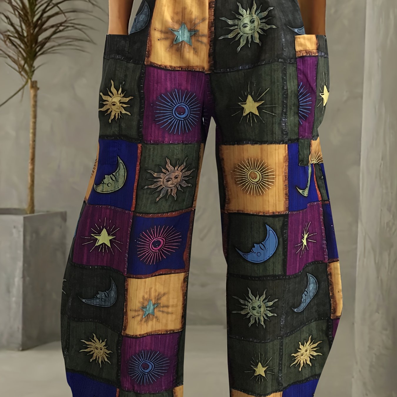 Sun & Moon Print Wide Leg Pants, Casual Elastic Waist Pants With Pocket, Women's Clothing - SS69