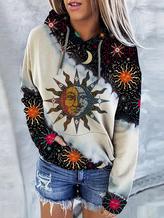 Casual Long Sleeve Moon & Tree Print Drawstring Hoodie - Kangaroo Pocket Sweatshirt for Women SS69
