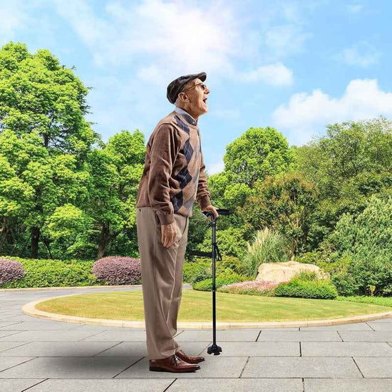 Heavy-Duty Folding Cane with LED Light & Alarm - Adjustable Height (5-Tier/83.82cm-96.52cm) Cane Suitable for, Stick with Pivoting Quad Base, Slip-Resistant Tip, T-Handle & Wrist Strap (Collapsible Crutch)