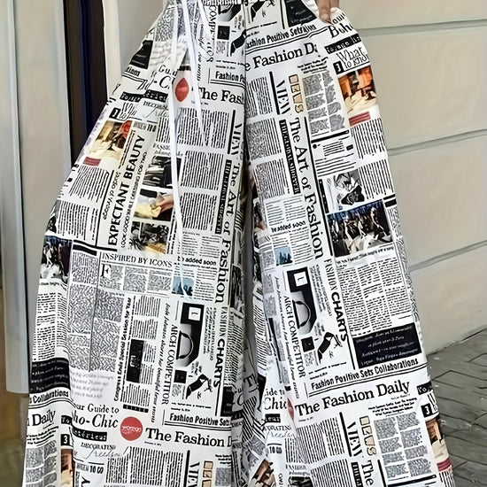 Newspaper Print Wide Leg Pockets Pants, Casual & Versatile High Waist Pants For Spring & Summer, Women's Clothing - SS69