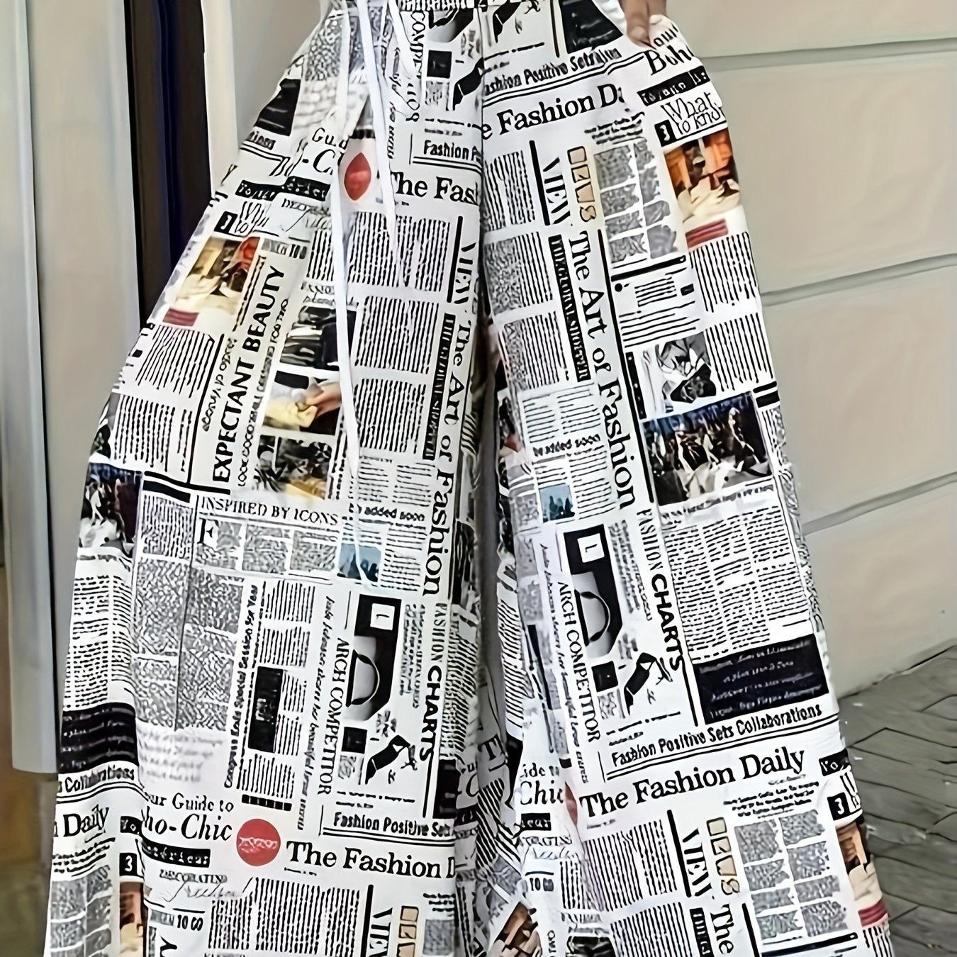 Newspaper Print Wide Leg Pockets Pants, Casual & Versatile High Waist Pants For Spring & Summer, Women's Clothing - SS69