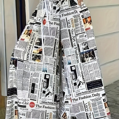 Newspaper Print Wide Leg Pockets Pants, Casual & Versatile High Waist Pants For Spring & Summer, Women's Clothing - SS69