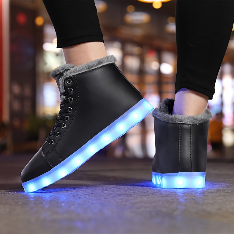 LED Glow Shoes - USB-Powered Winter Warmth, High-Top Sneakers with Glowing Lights, Lace-Up Closure, TPR Sole - for Men & Women, Skateboarding, Winter Sports, Skateboarding Footwear, Trendy Footwear, Durable Footwear