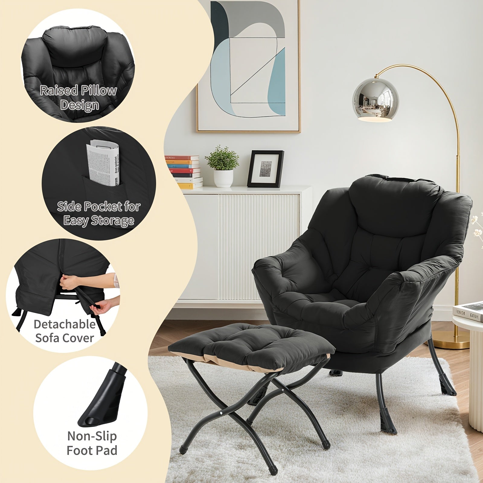 Lazy Chair with Foldable Ottoman, Modern Comfy Lounge Chair, Large Sofa Armchair with Footrest And A Side Pocket, Leisure Reading Chair with Footstool for Bedroom, Living Room, Dorm, Black, Bedroom Seating, Dorm Room Furnitur SS69