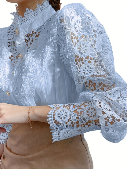 [Pearl Button Blouse] Pearl Button Elegant Victorian-Inspired Lace Blouse - Long Sleeve Mock Neck Green Polyester Pleated Design for Women, Perfect for Halloween Cosplay & Gothic Fashion SS69