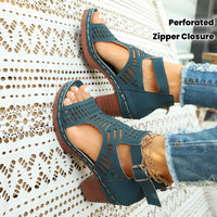 Women'S Summer Open-Toe Heel Sandals- Black Perforated Hollow Design, Ankle Strap And Zipper Closure, Stylish Breathable Casual Outdoor Shoes, Large-Size High-Heeled Sandals, Size US6-US11