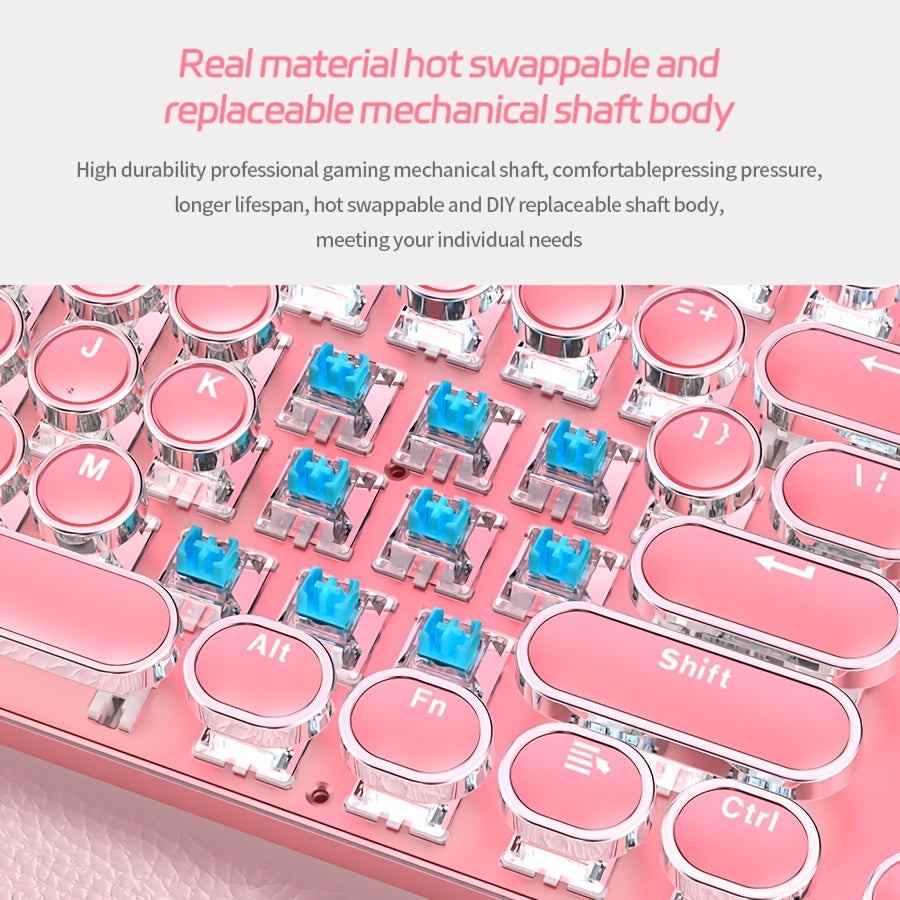 YINDIAO Pink Mechanical Keyboard with Cherry Switches - Retro Punk Design, Backlit Gaming Keyboard for Office & Home Use, Office Keyboard | Pink Keyboard | Nonslip Texture SS69