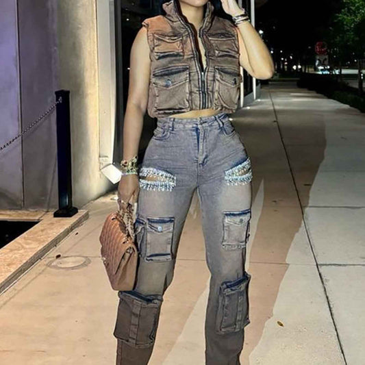 Women's Fashion Jeans Women's Fashion Retro Tassel Diamond Multi-Pocket Overalls