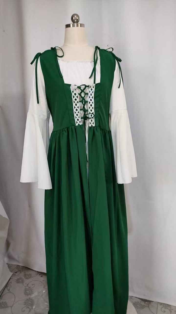 [Elegant Medieval Costume] Elegant Women's Medieval Two-Piece Costume - Renaissance Drama Outfit with Corset-like Bodice & Long Flowing Skirt | Halloween, Renaissance Faire, Themed Parties | Burgundy/White, Black/White, Green