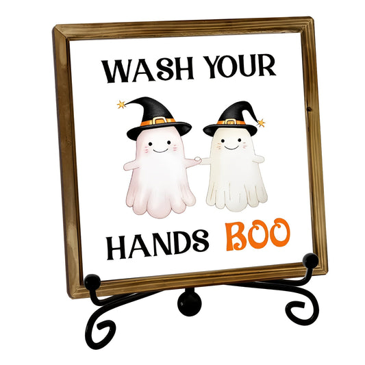 [Spooky Halloween Decor] 1pc Halloween Bathroom Door Decor - Spooky Wash Your Hands Boo Decoration with Cute Witch Hat Ghosts, Rustic Wooden Plaque with Metal Hooks for Indoor/Outdoor Hanging - Cheerful Holiday Design, Durabl SS69 11.69 1pc