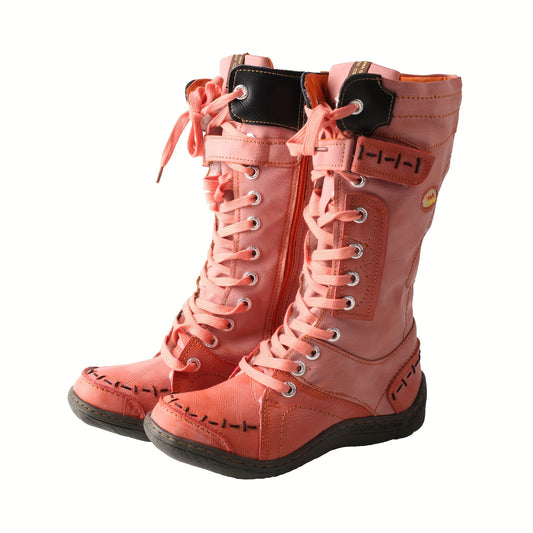 [Vintage Winter Boots] TMA EYE Vintage Winter Non-Slip Leather Boots, Powder-Coated Color-Blocking Fleece Mid-Calf Long Boots, Flat Thick-Soled Hiking Boots - SS69