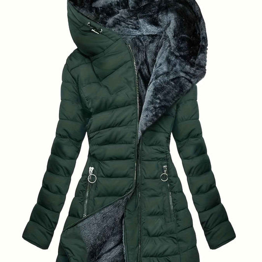 Women's Winter Warm Quilted Parka Coat, Padded Jacket with Hood, Full-Zip Front & Adjustable Waist Belt, Mid-Length Long Sleeve Outerwear for Cold Weather, Y2K Style, Beige/Tan, Hand Wash/Dry Clean